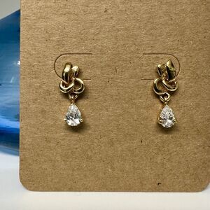 Pear Shaped CZ Dangle Earrings 14K Gold Plate 3/4" Pierced Tear Drop Stunning